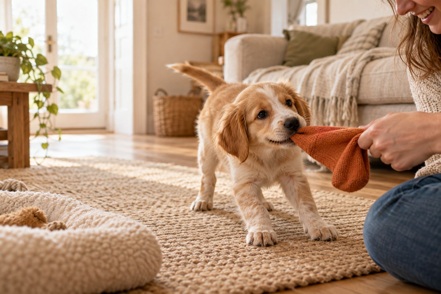 Puppy tugging an orange sock at home